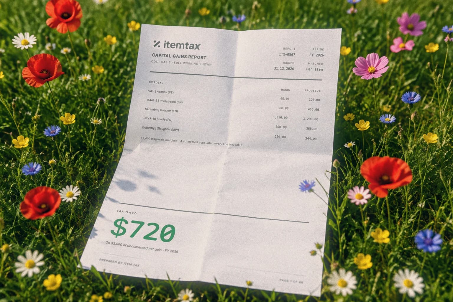 A folded Itemtax report lying in a sunlit wildflower meadow, showing tax owed of $720.