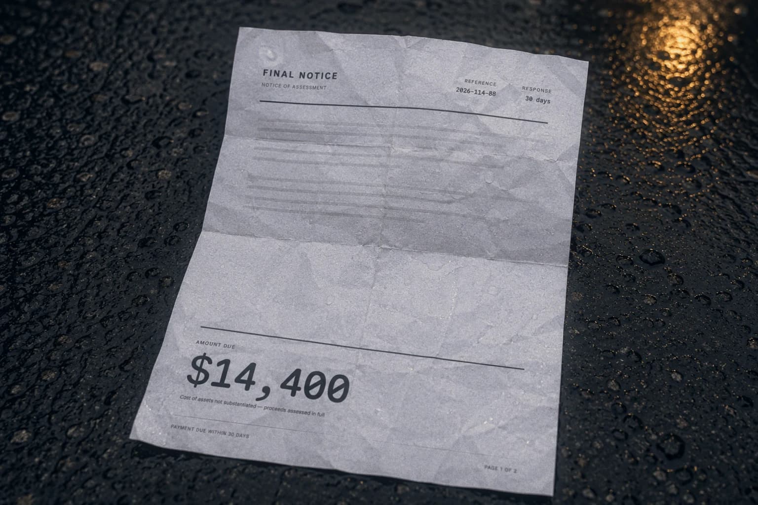 A folded final notice lying on rain-wet asphalt, showing an amount due of $14,400.